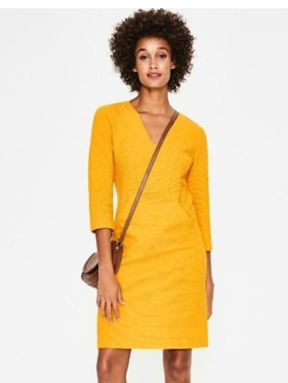 Boden Yellow Ponte Knit V-Neck Midi Sheath Dress US 10L Long Sleeve